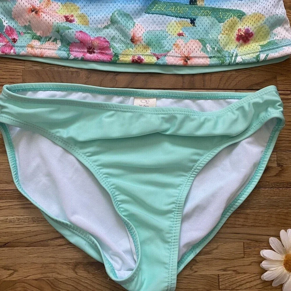 OP Ocean Pacific Mint & Multi-Color Mesh Hawaiian Tankini Swim Top And Bottoms X